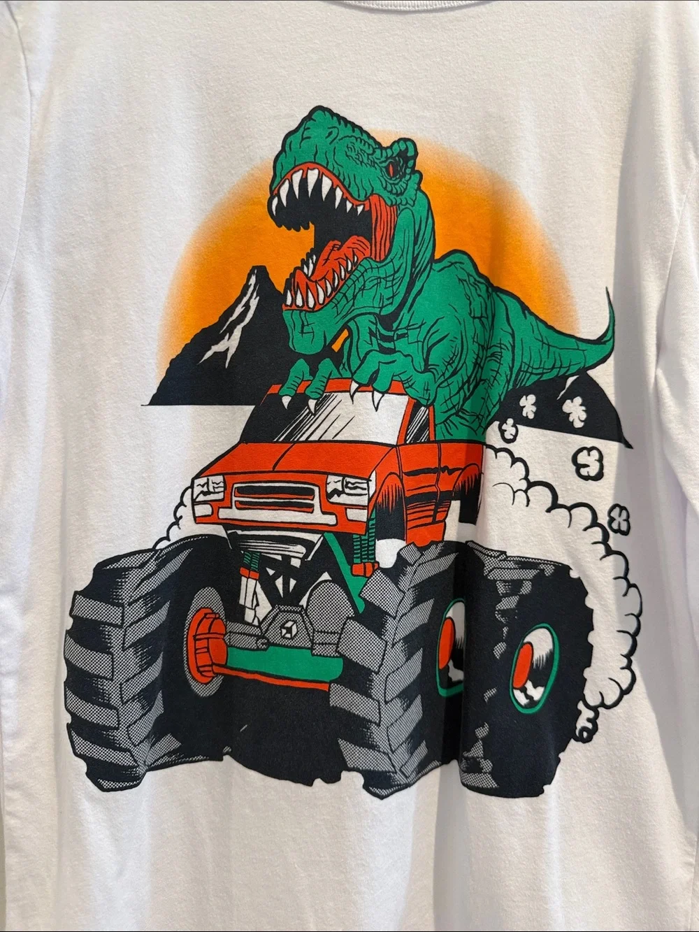White Long-Sleeve Kids Tee with Green Dinosaur & Orange Monster Truck